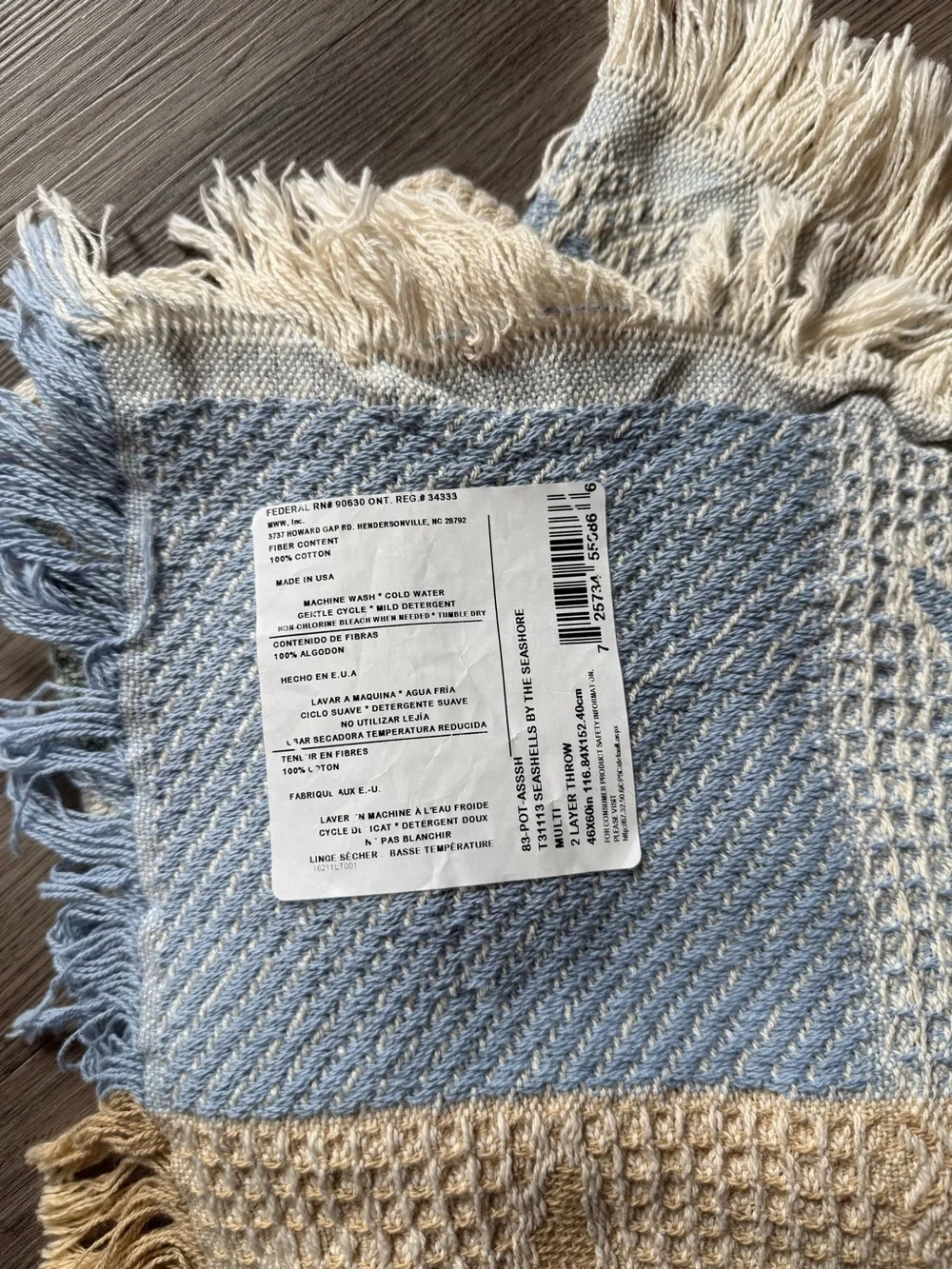 Seashells By The Seashore 100% Cotton Throw Blanket With Fringe Tag Attached
